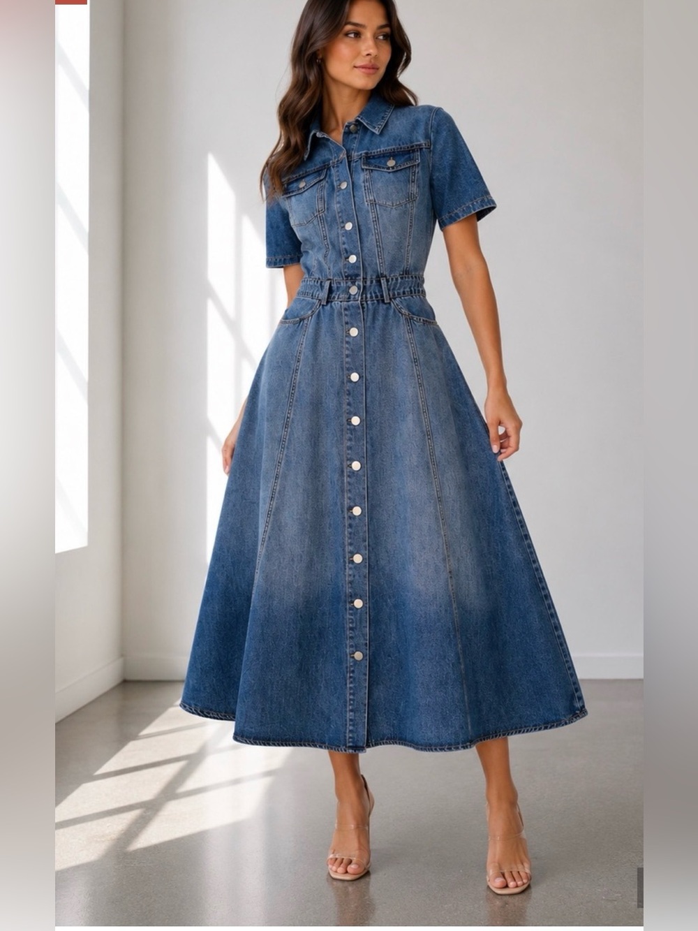 NWT Harper Blue Denim Button-Front Midi Dress L